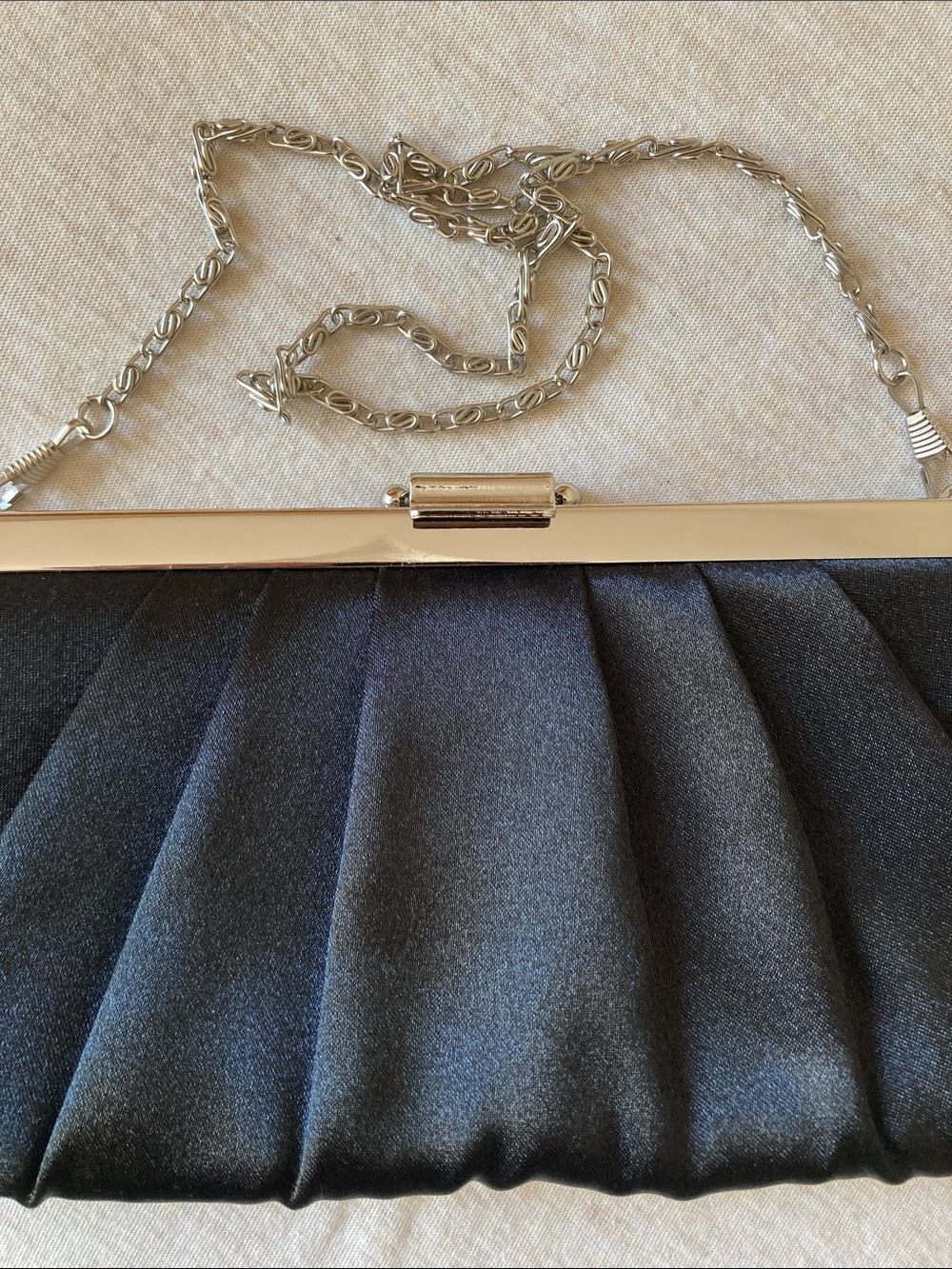 Jessica McClintock Black Satin Clutch with Silver Chain